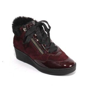 ITALIAN Burgundy Nubuck Zip Lace Fur Wedge Boots